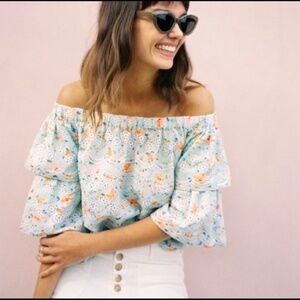 LAIA by Anthropology Green Floral Embroidered Eyelet Off Shoulder Tiered Top M